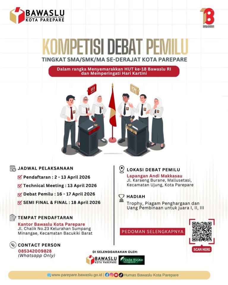 Bawaslu Kota Parepare Gelar Kompetisi Debat Pemilu, Kolaborasi dengan PT Tinta Hijau Bersahaja Semarakkan HUT ke-18 Bawaslu RI dan Hari Kartini