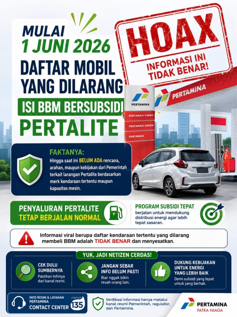 Pertamina Patra Niaga Tegaskan Informasi dan Narasi Larangan Pertalite untuk Kendaraan Merk Tertentu per 1 Juni 2026 Tidak Benar
