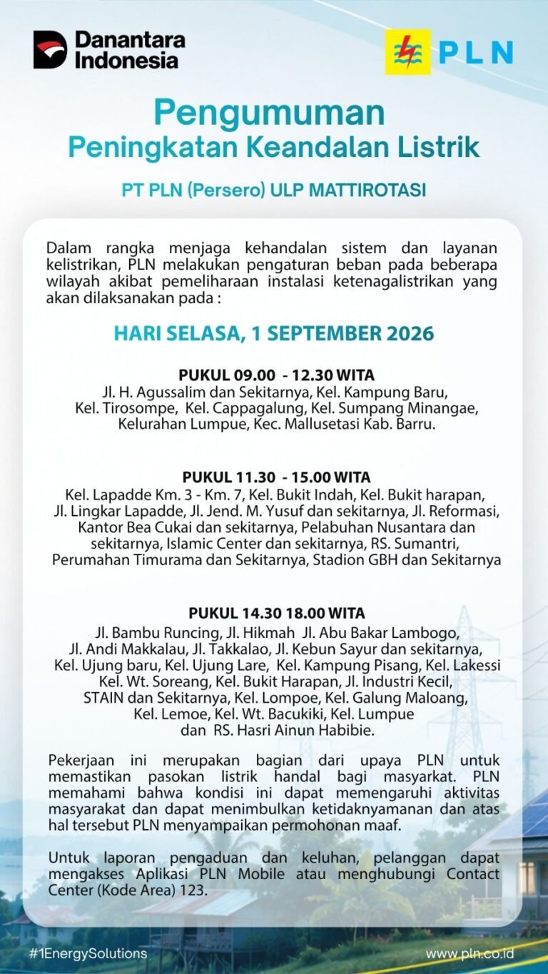 PLN ULP Mattirotasi Jadwalkan Pemeliharaan Listrik Selasa 1 September 2026, Ini Wilayah Terdampak