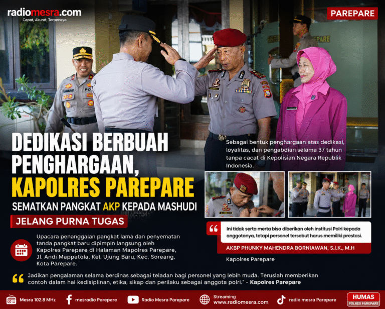 Dedikasi Berbuah Penghargaan, Kapolres Parepare Sematkan Pangkat AKP kepada Mashudi