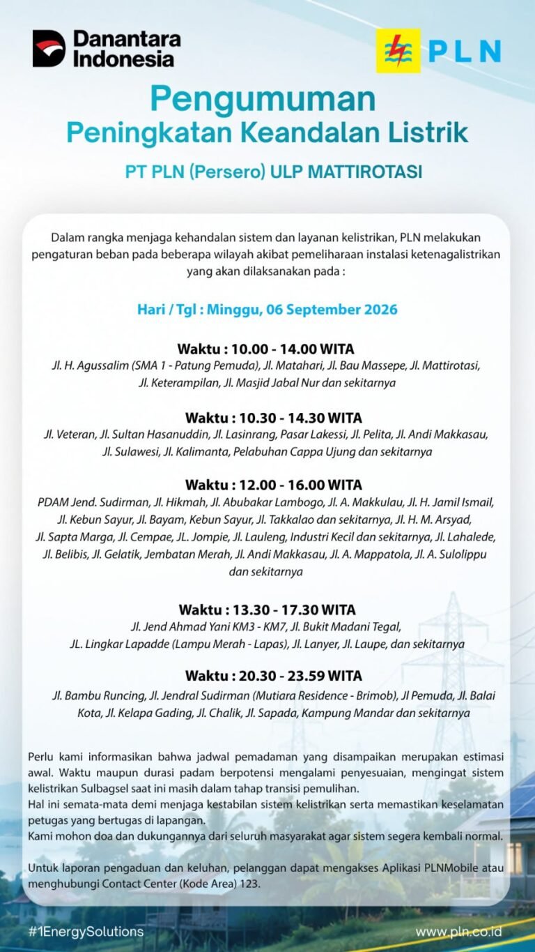 PLN ULP Mattirotasi Lakukan Pemeliharaan Jaringan, Ini Jadwal Pemadaman Listrik 6 September 2026