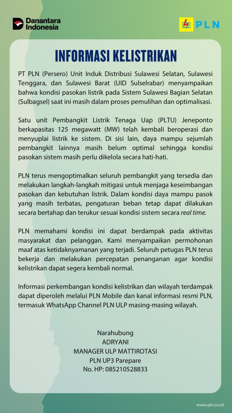 PLTU Jeneponto Beroperasi Lagi, PLN ULP Mattirotasi Genjot Pemulihan Sistem Kelistrikan Sulbagsel