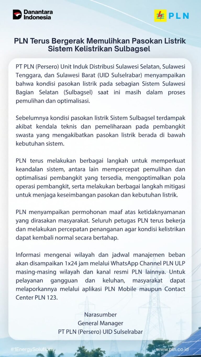 PLN UID Sulselrabar Percepat Pemulihan Pasokan Listrik Sistem Sulbagsel