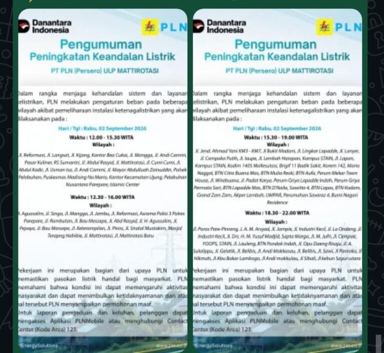 PLN ULP Mattirotasi Jadwalkan Pemadaman Listrik Bergilir di Parepare Besok, Ini Wilayah Terdampak